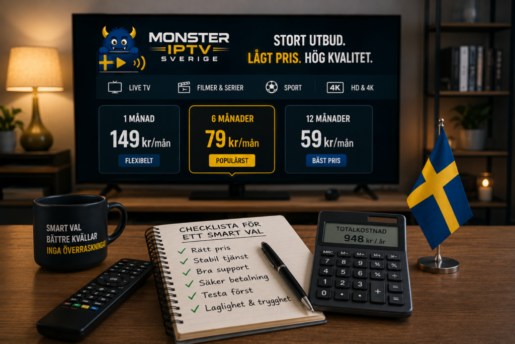 Vardagsrum med IPTV-priser på TV-skärmen, miniräknare, checklista, fjärrkontroll och svensk flagga som illustrerar kostnader och smarta val.