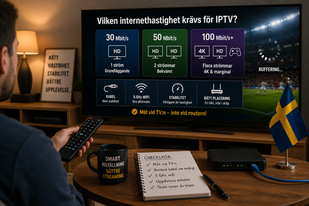Person i ett vardagsrum jämför rekommenderade internethastigheter för IPTV på 30, 50 och 100 Mbit/s, med router, nätverkskabel, svensk flagga och checklista för stabil streaming.