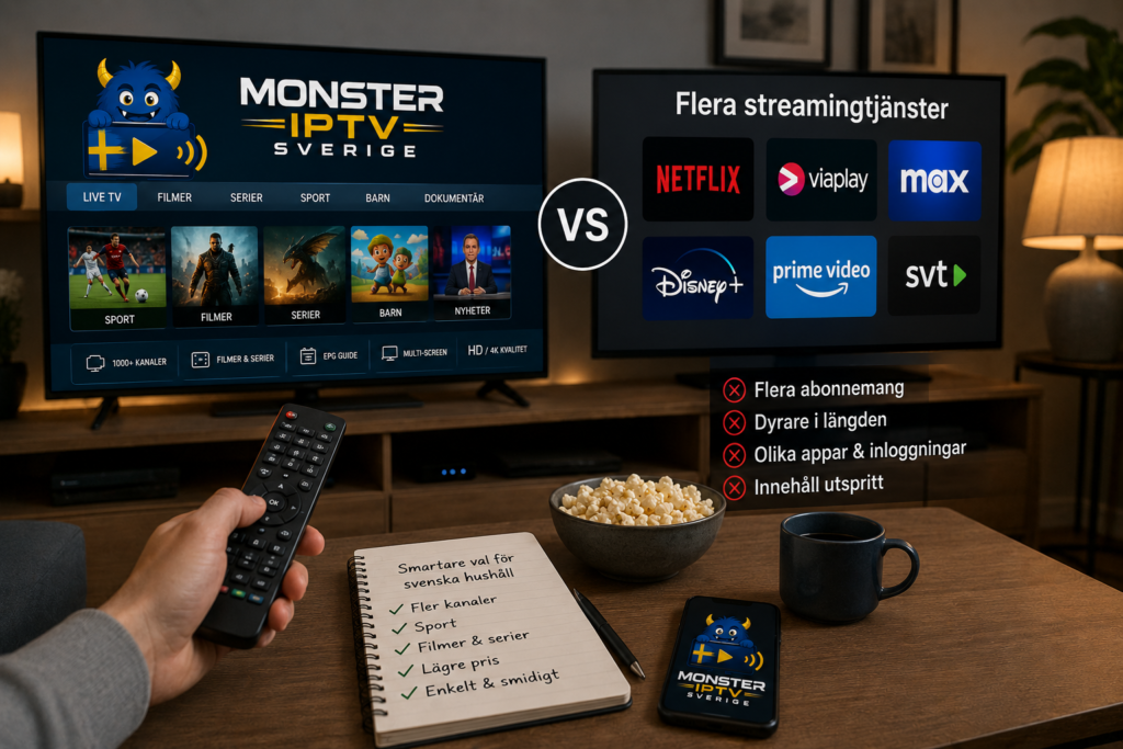 Svenskt vardagsrum där IPTV jämförs med flera streamingtjänster på två TV-skärmar, med fjärrkontroll, popcorn och Monster IPTV Sverige-logotyp.