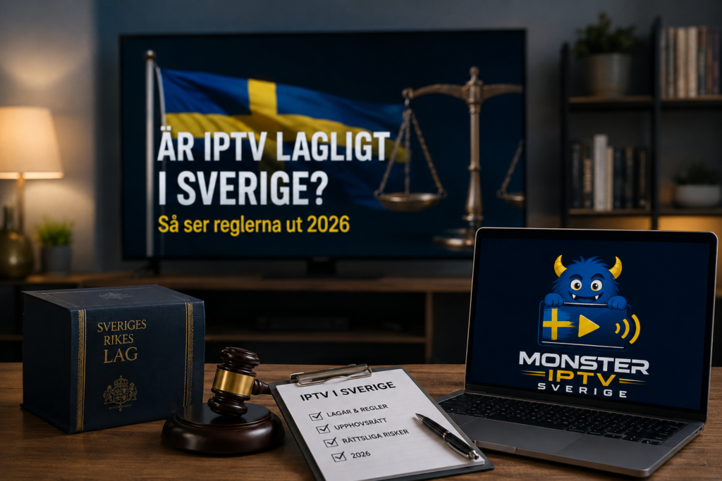 Skrivbord med lagbok, domarklubba, juridisk checklista och laptop med Monster IPTV Sverige-logotyp framför en TV med text om IPTV-regler i Sverige 2026.