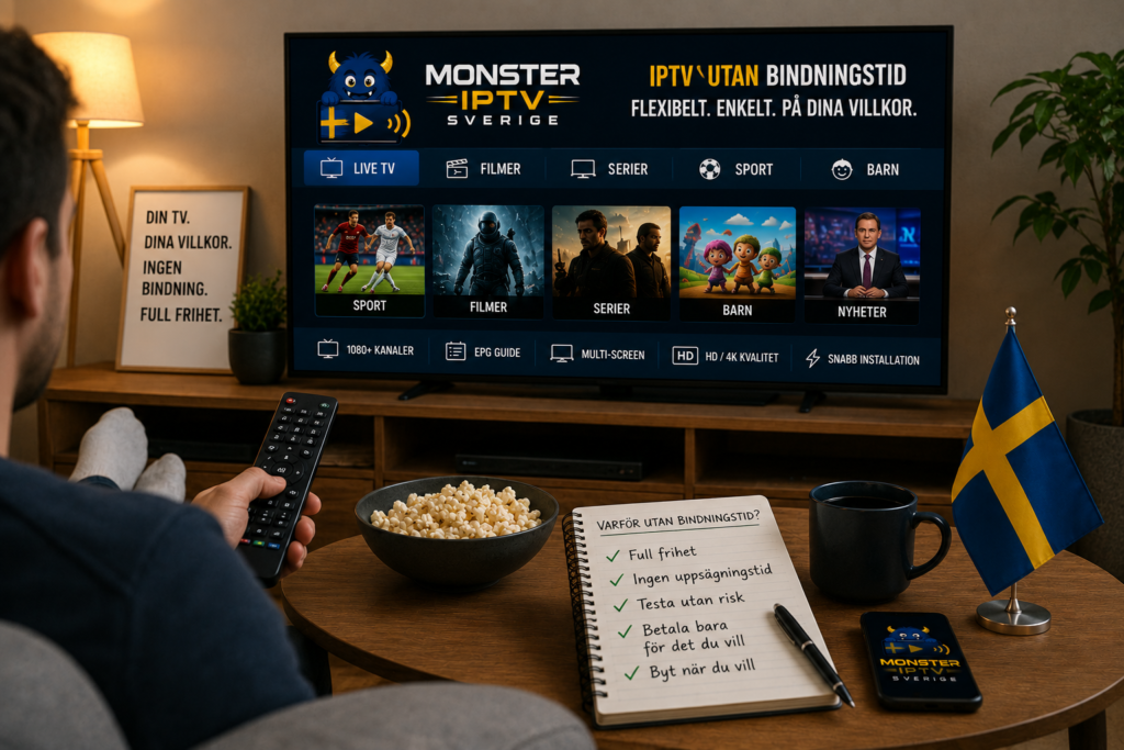 Person i ett svenskt vardagsrum tittar på IPTV utan bindningstid, med fjärrkontroll, svensk flagga och en checklista om frihet, testperiod och flexibel uppsägning.