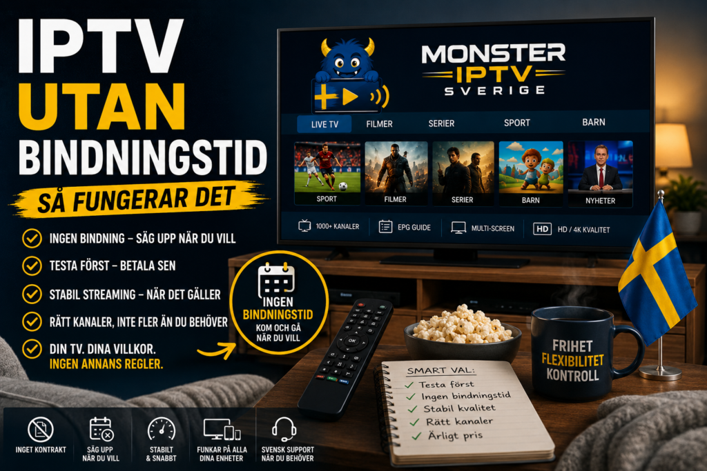 Vardagsrum med IPTV på TV-skärmen, svensk flagga, fjärrkontroll och checklista som lyfter frihet, flexibilitet och abonnemang utan bindningstid.