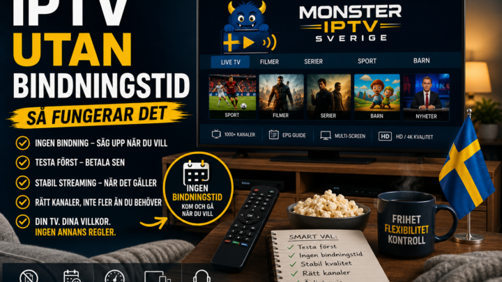 Vardagsrum med IPTV på TV-skärmen, svensk flagga, fjärrkontroll och checklista som lyfter frihet, flexibilitet och abonnemang utan bindningstid.