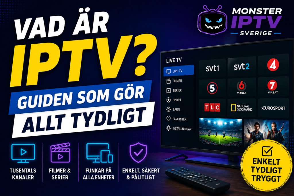 Thumbnail for Monster IPTV Sverige article “Vad är IPTV?” featuring bold Swedish text, IPTV guide branding, a TV streaming interface, channel icons, and messages about simple, clear and safe IPTV viewing.