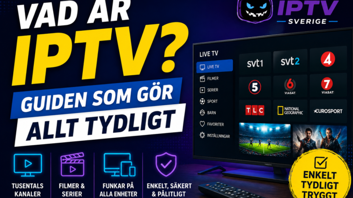 Thumbnail for Monster IPTV Sverige article “Vad är IPTV?” featuring bold Swedish text, IPTV guide branding, a TV streaming interface, channel icons, and messages about simple, clear and safe IPTV viewing.